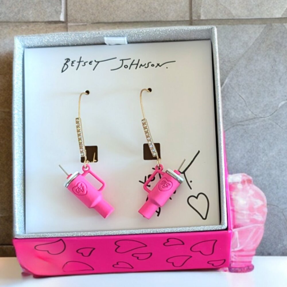 Betsey Johnson Pink Stanley Cups Adorned with Crystals, Drop Earrings -NEW